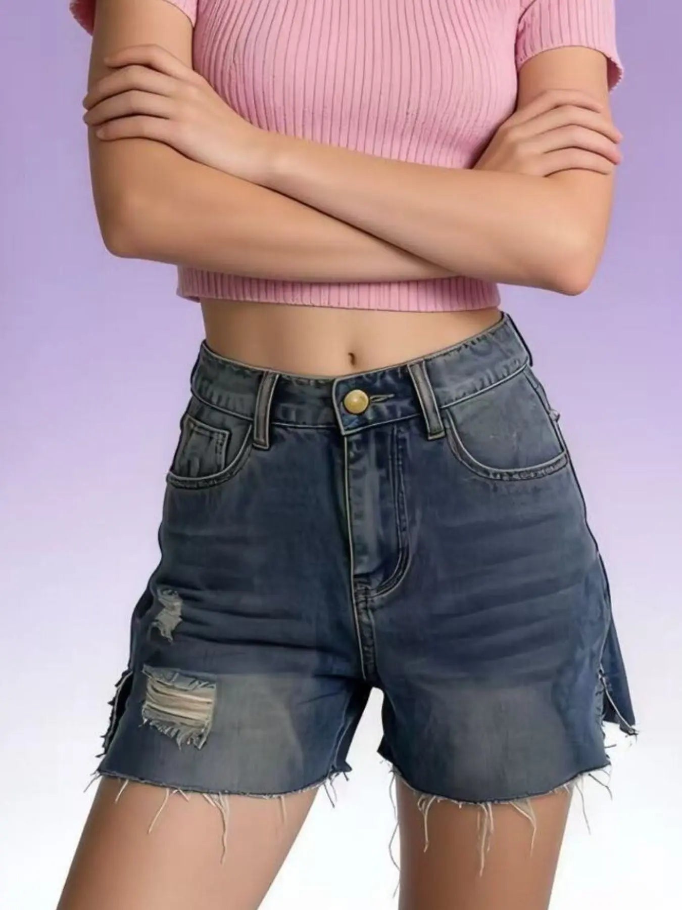 Distressed Slit Denim Shorts  Style Ratio