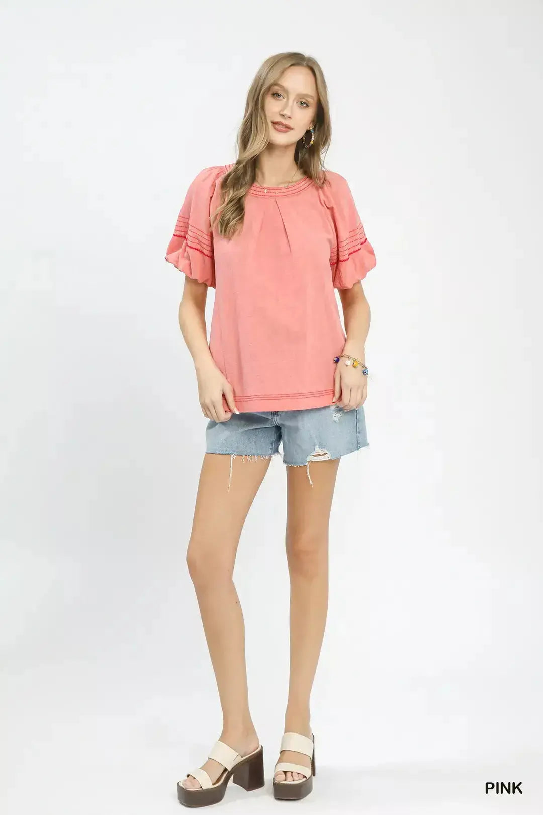 Umgee Round Neck Puff Sleeve Top with Contrast Stitch Detail  Style Ratio