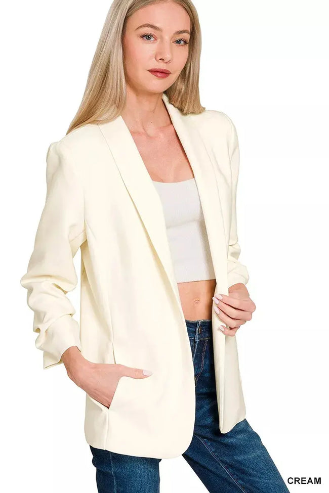 Zenana Woven 3/4 Ruched Sleeve Open Front Classic Blazer  Style Ratio