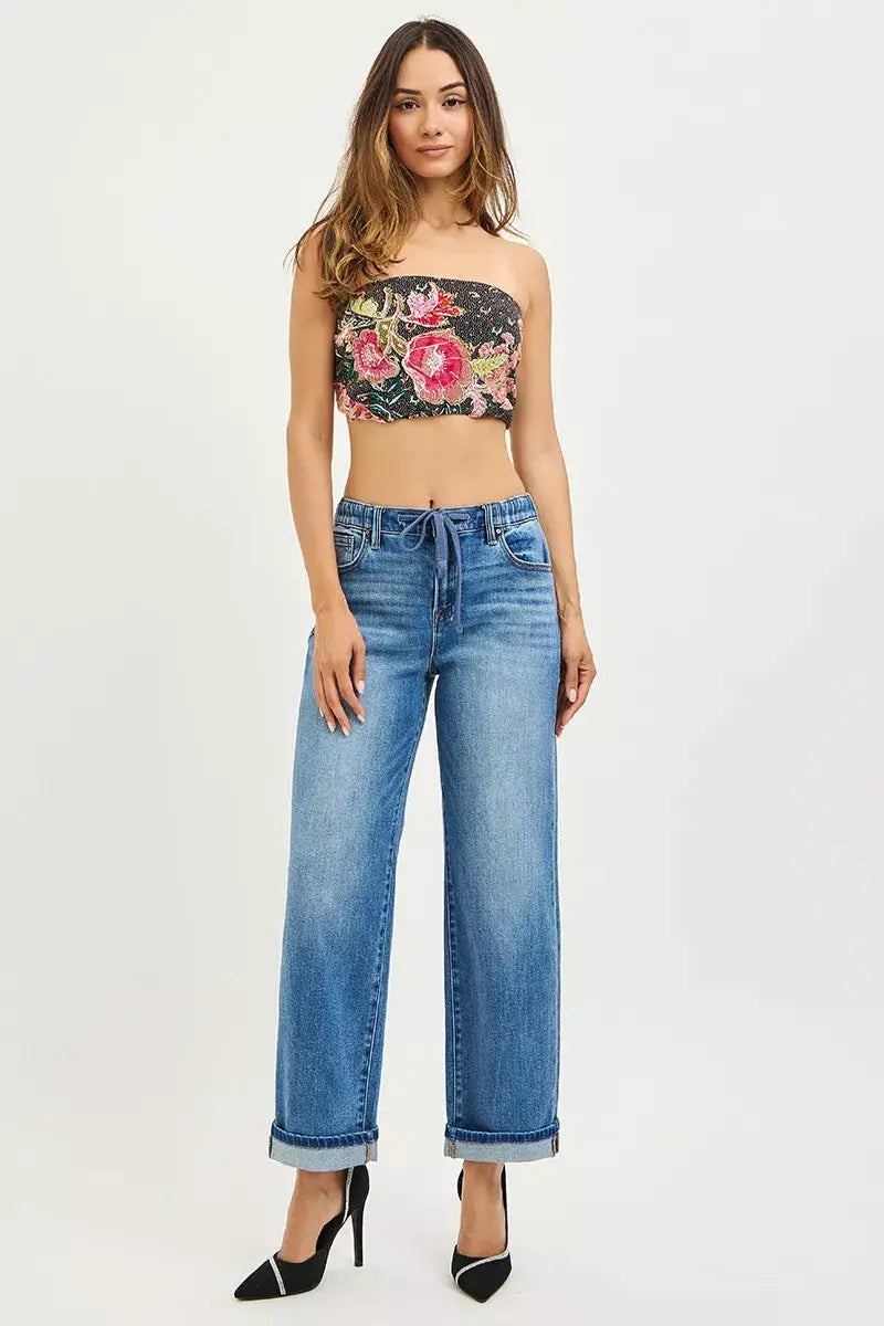 RISEN Elastic Band Slouch Ankle Boyfriend Cuffed Hem Jeans  Style Ratio
