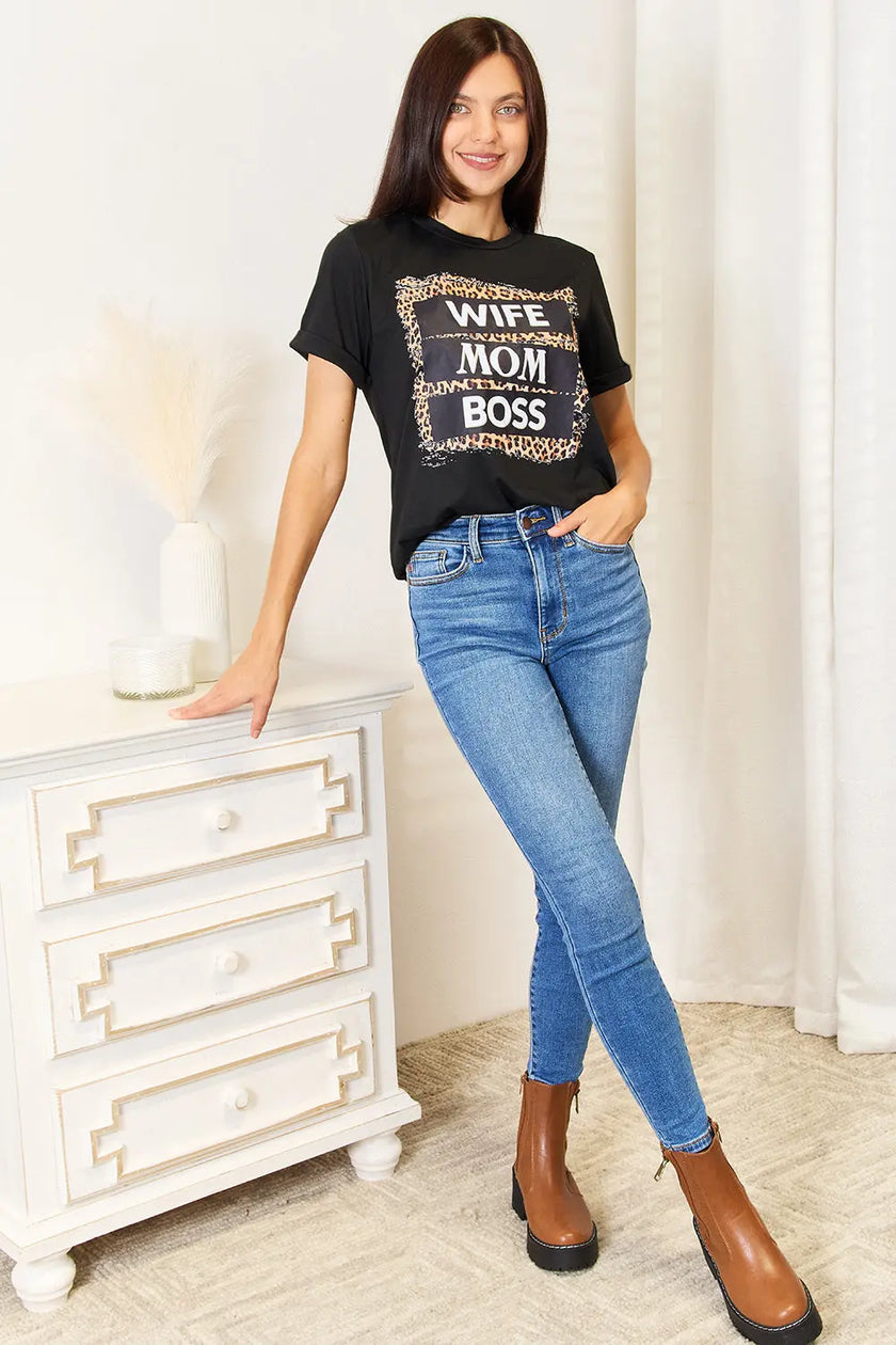 Wife Mom Boss Leopard Graphic Short Sleeve Shirt  Style Ratio