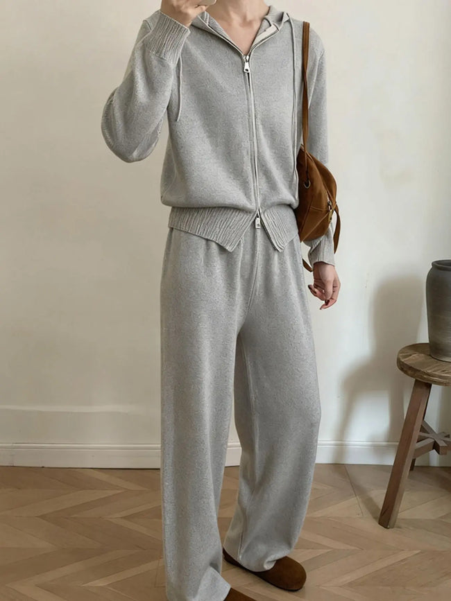 Zip Up Cardigan and Drawstring Wide Leg Pants Knit Set  Style Ratio
