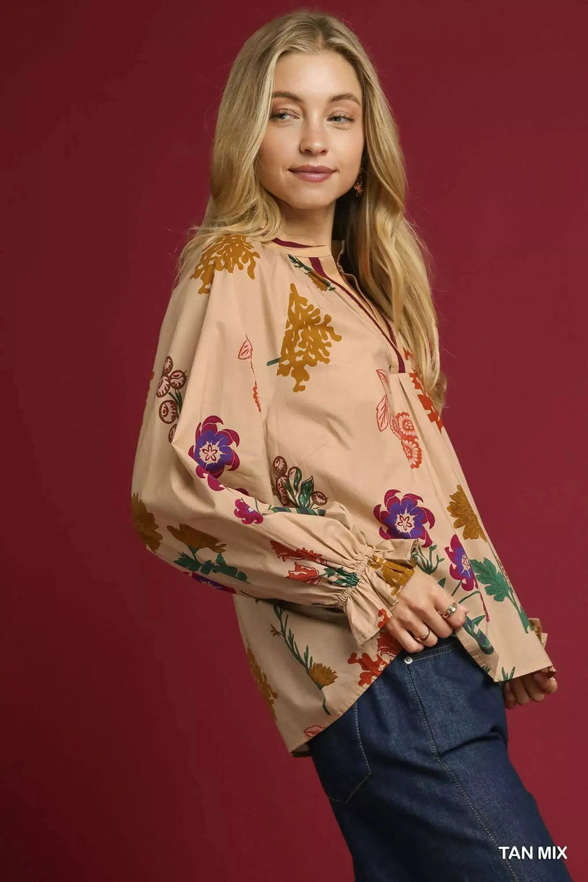 Umgee Floral Print Flounce Sleeve Blouse  Style Ratio