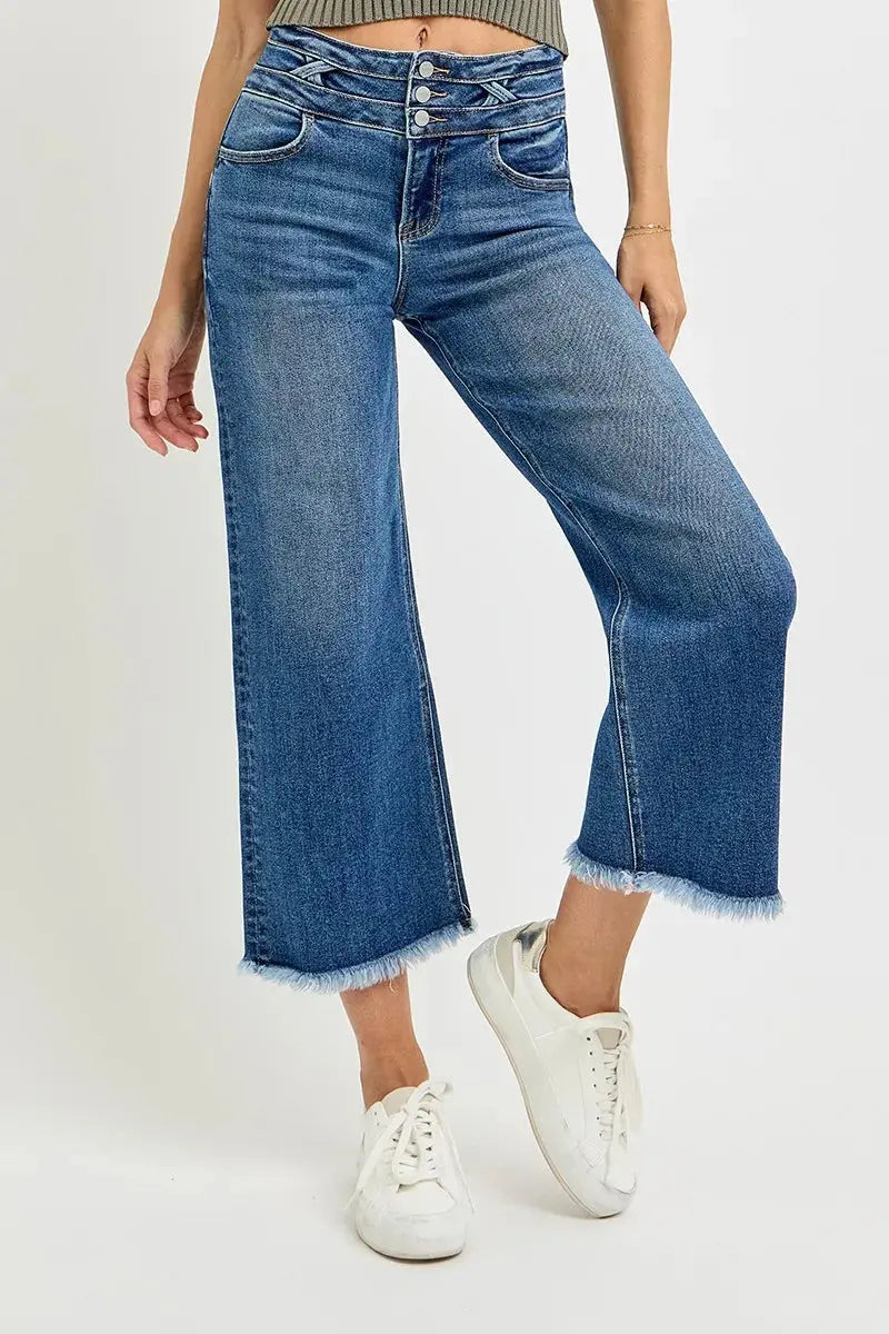 RISEN High Rise Crop Wide Leg Jeans with Wide Band Detail  Style Ratio