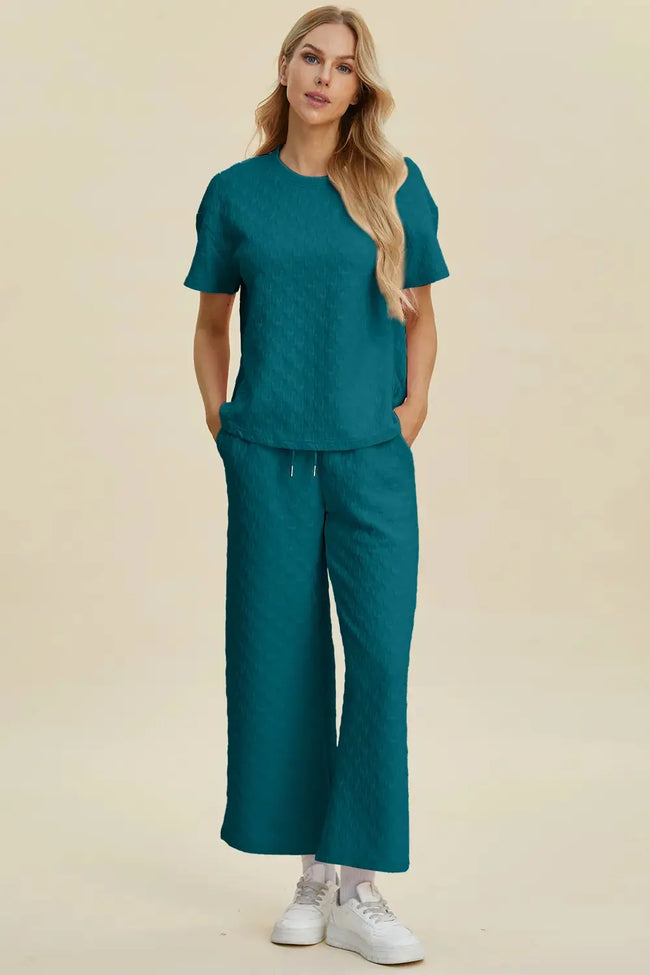 Double Take Full Size Round Neck Short Sleeve Top and Pants Loungewear  Style Ratio
