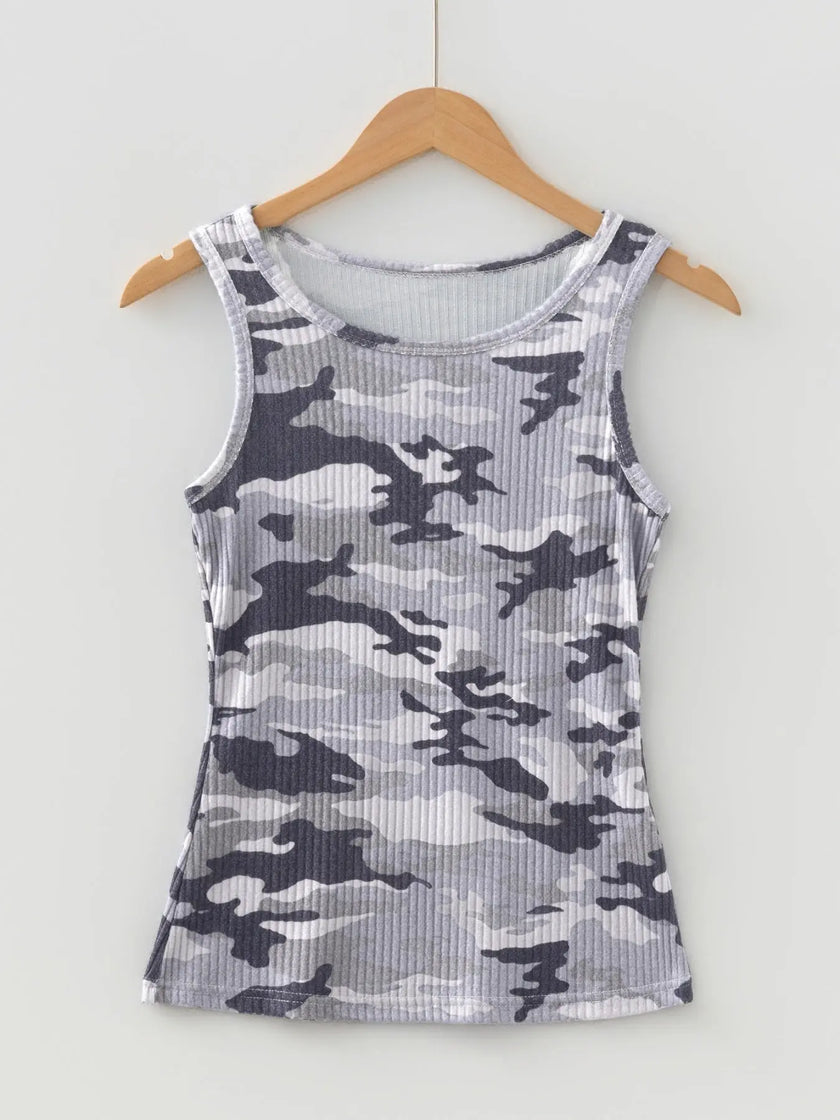 Camouflage Print Ribbed Knit Round Neck Tank Top  Style Ratio
