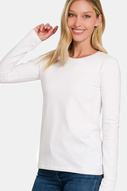 Solid Color Round Neck Long Sleeve Shirt Trendsi