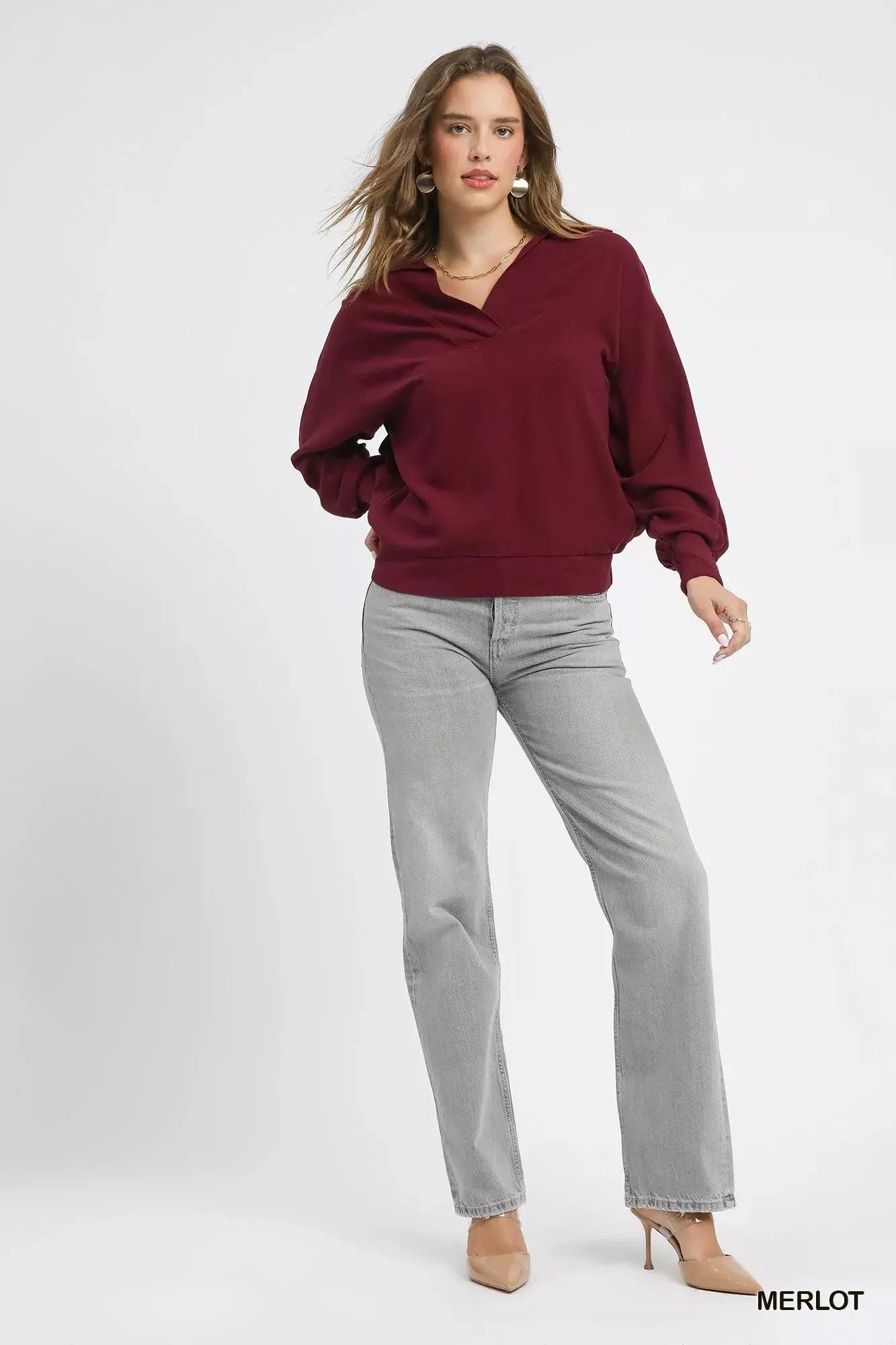 Umgee Linen Long Sleeves Elastic Hem Blouse  Style Ratio
