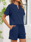 Notched Short Sleeve Top and Shorts Set  Style Ratio