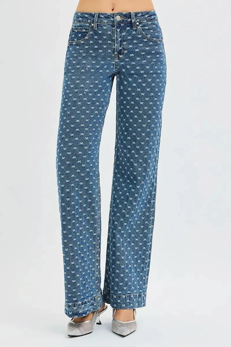 RISEN High Rise Wide Leg Bow Embroidered Jeans  Style Ratio