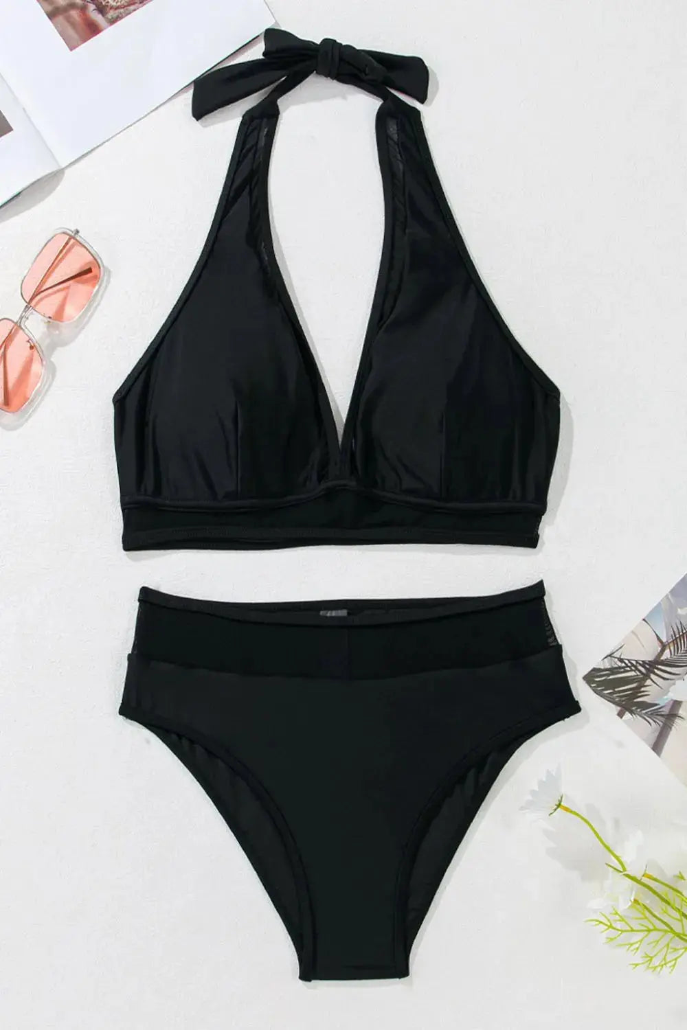 Sheer Mesh Edged Halter V Neck Push Up Bikini  Style Ratio