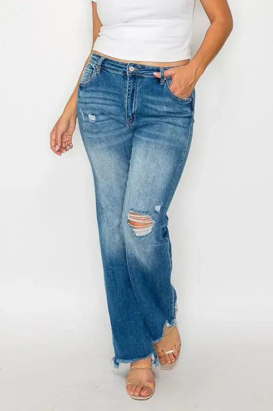 bytos Full Size Raw Hem Distressed Mid Rise Straight Jeans  Style Ratio
