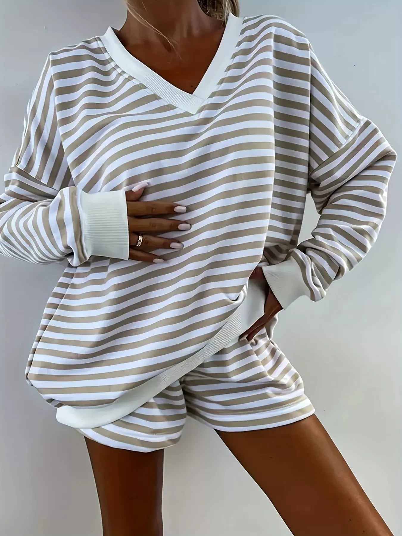 Striped V-Neck Top and Shorts Set  Style Ratio
