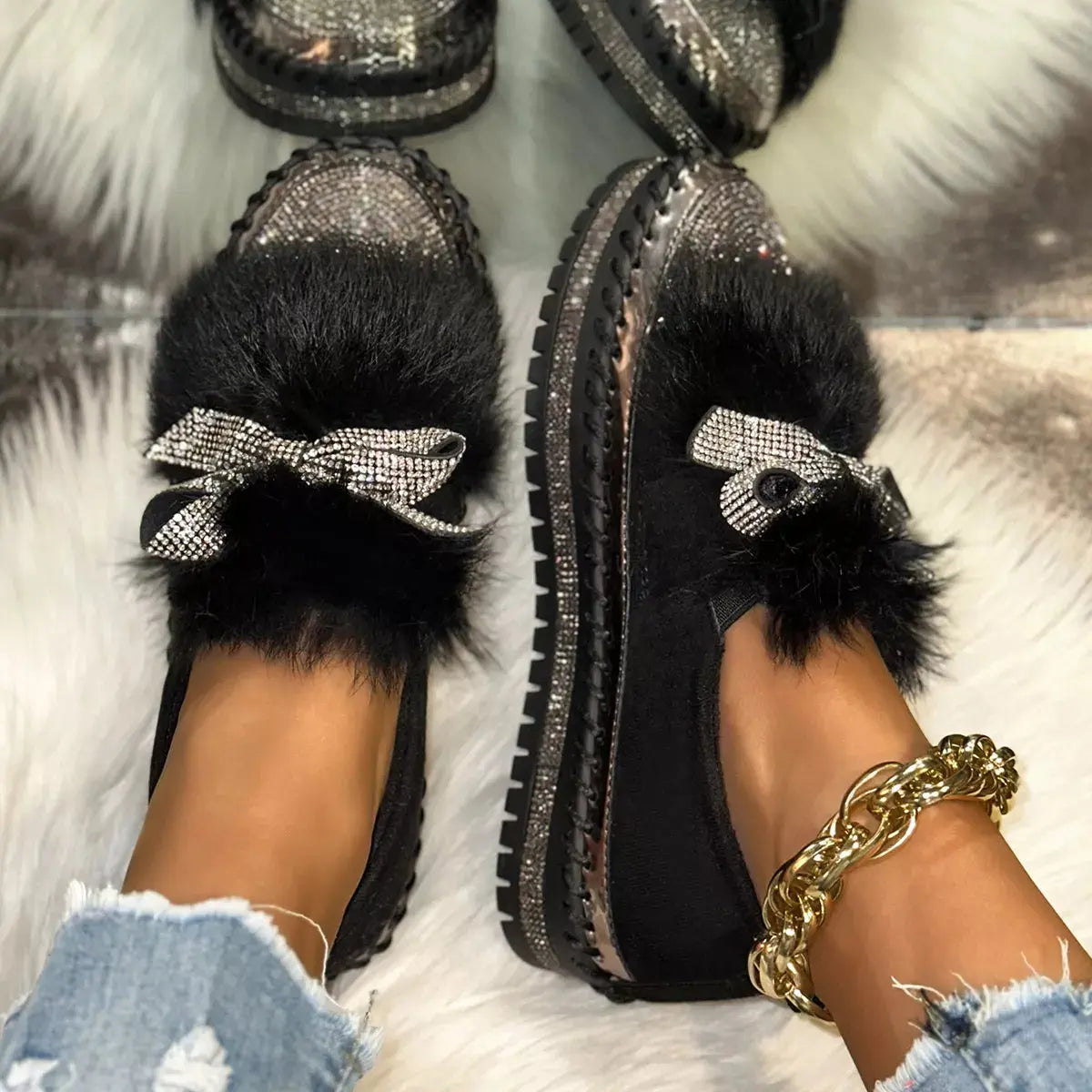 Fuzzy Bowknot Rhinestone Platform Loafers  Style Ratio