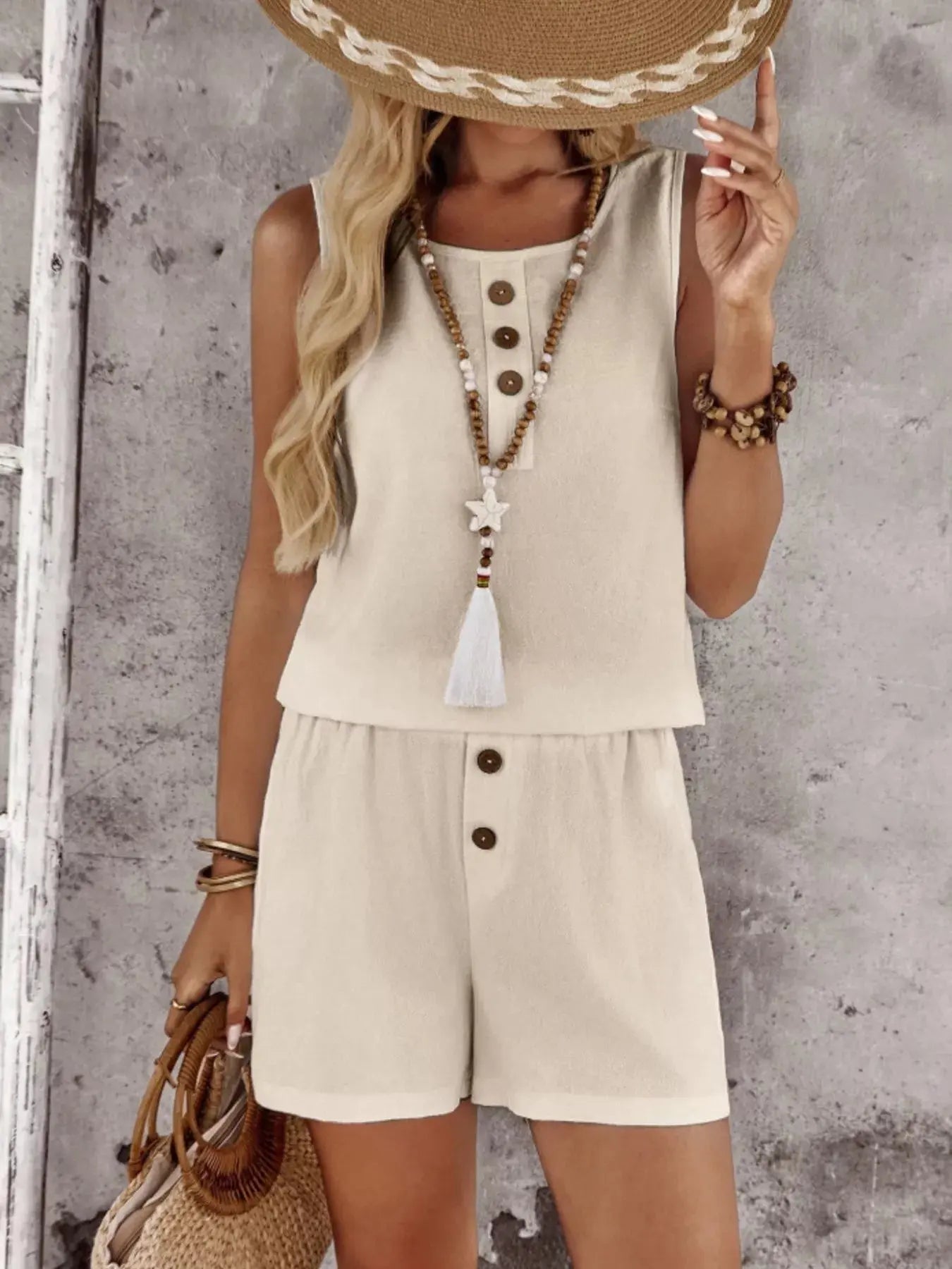 Decor Button Round Neck Tank and Shorts Set  Style Ratio