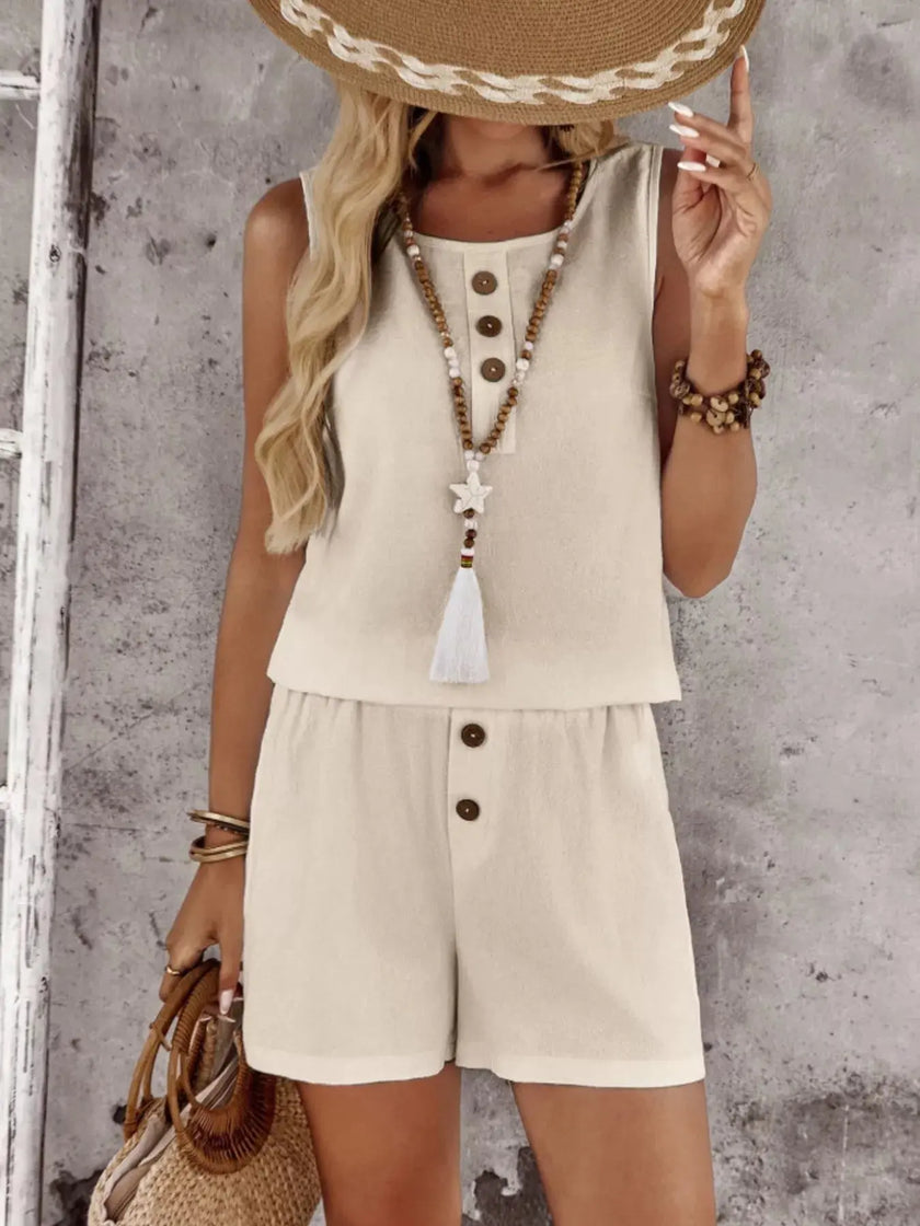 Decor Button Round Neck Tank and Shorts Set  Style Ratio