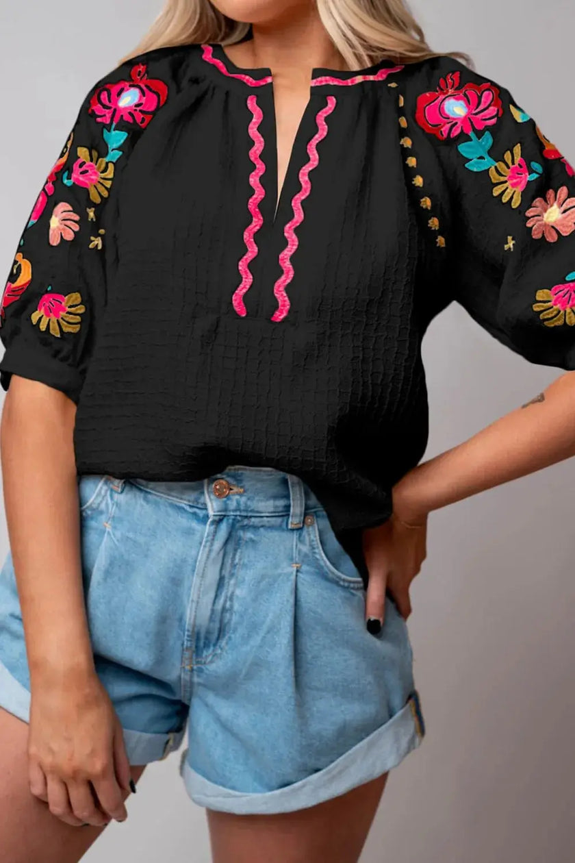 Floral Embroidered Notched Puff Sleeve Blouse  Style Ratio