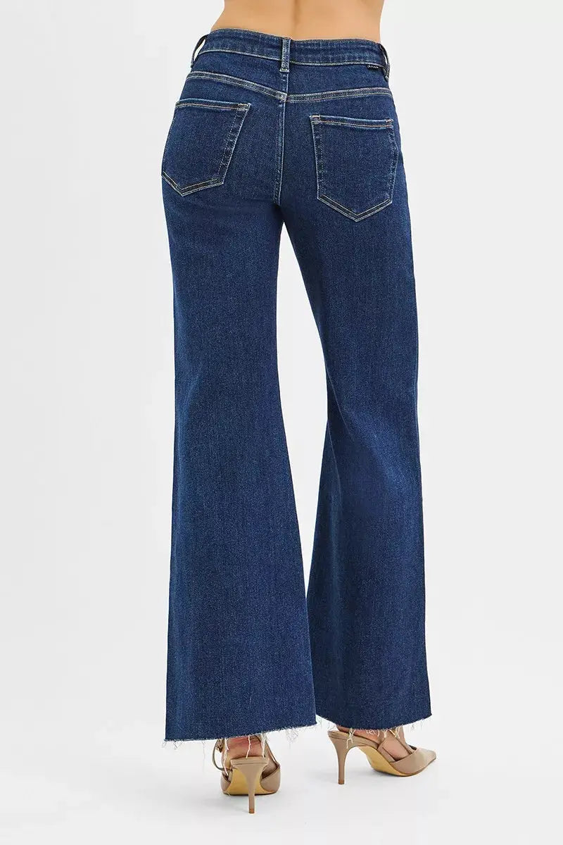 RISEN High Rise Wide Flare Jeans with Front Leather Pocket Detail  Style Ratio