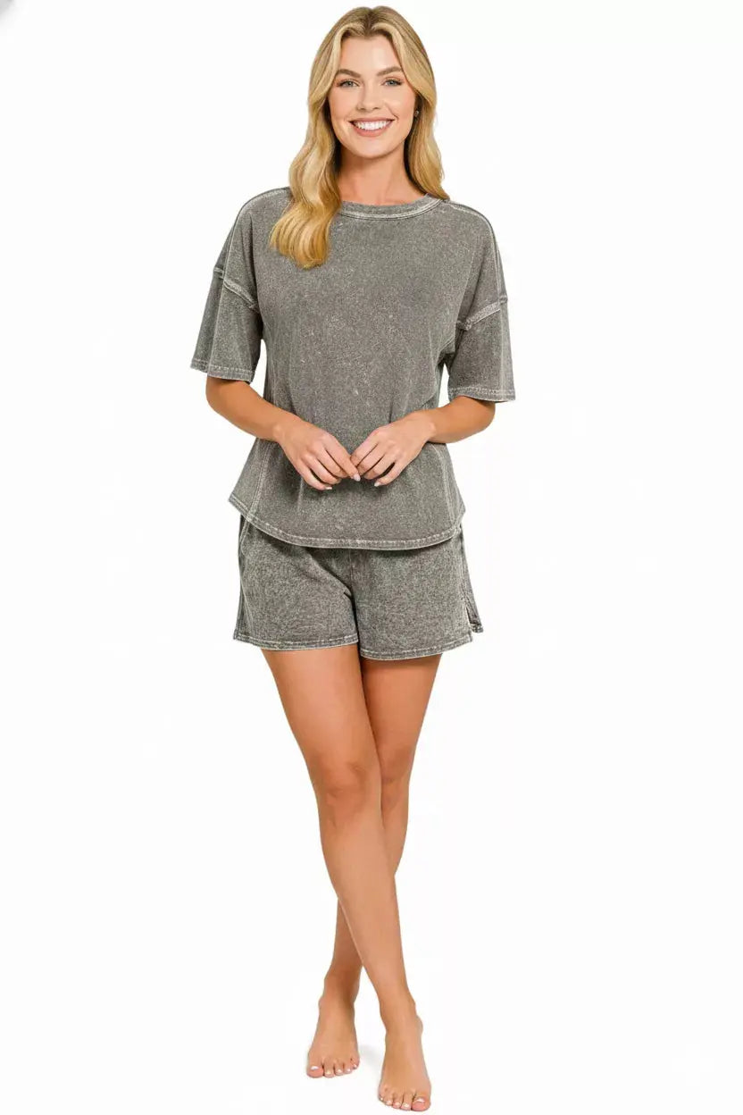 Zenana Halo Snow Washed Short Sleeve Tee and Shorts Set  Style Ratio