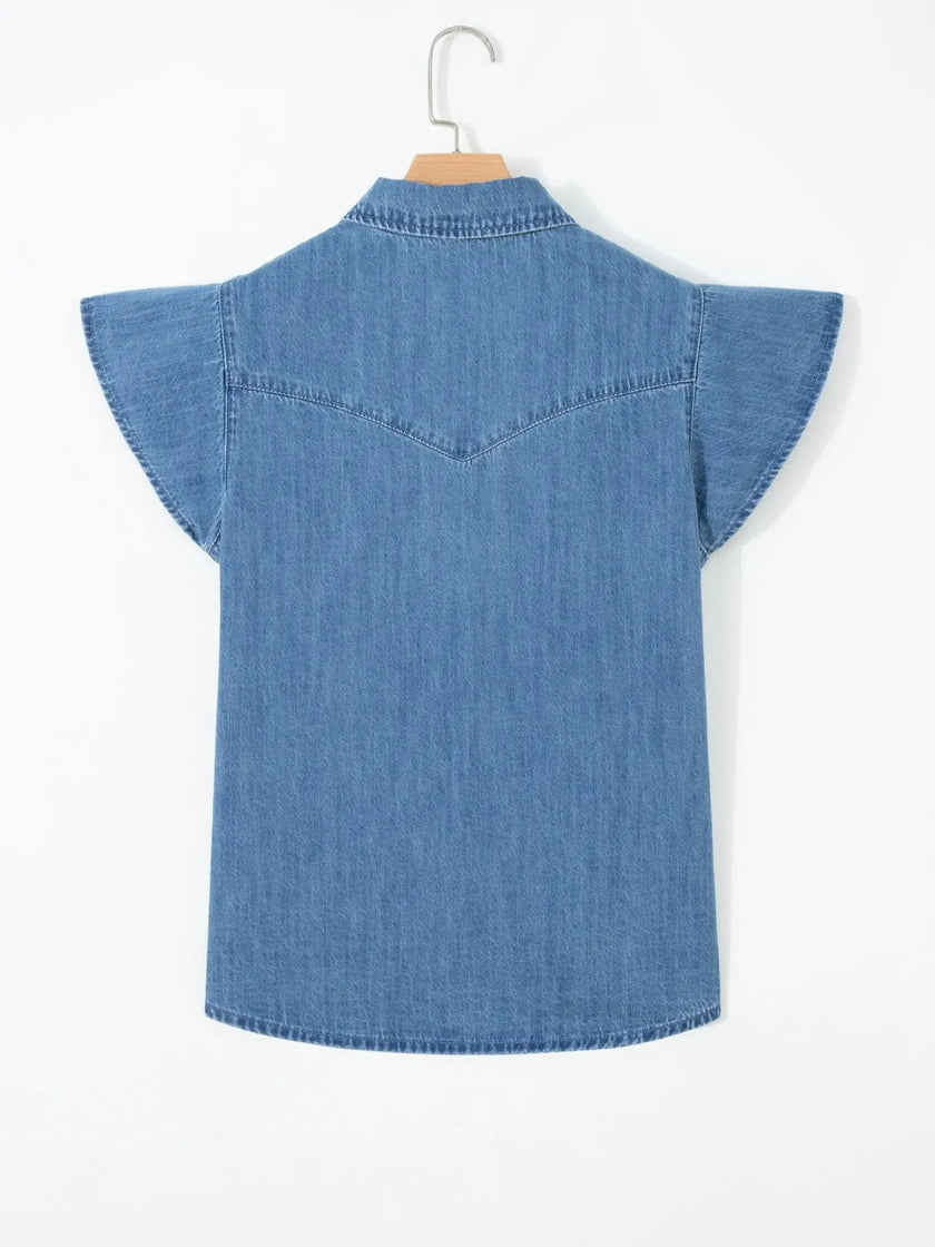 Ruffled Short Sleeve Denim Shirt  Style Ratio