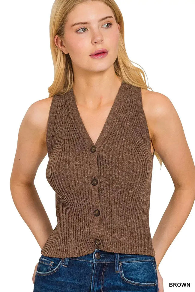 Zenana Ribbed Knit Button-Down Sweater Vest  Style Ratio