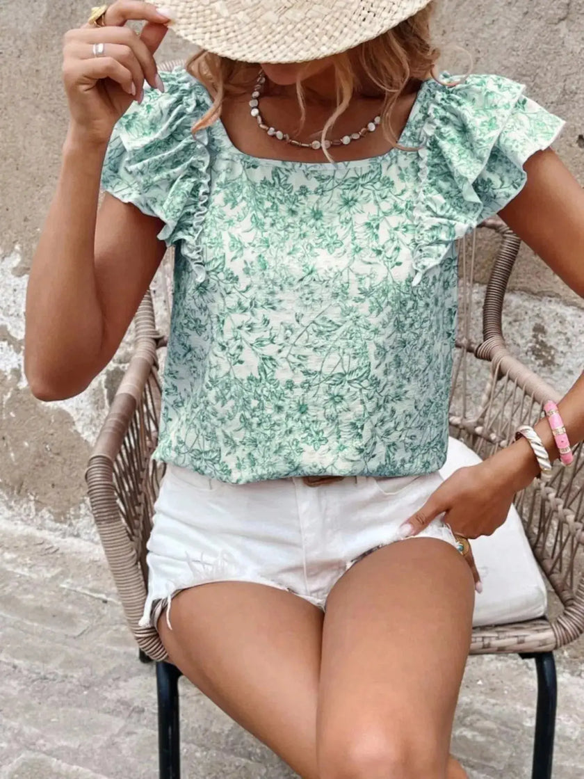 Floral Print Ruffle Trim Blouse  Style Ratio