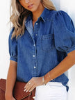 Puff Sleeve Button-Down Denim Top  Style Ratio