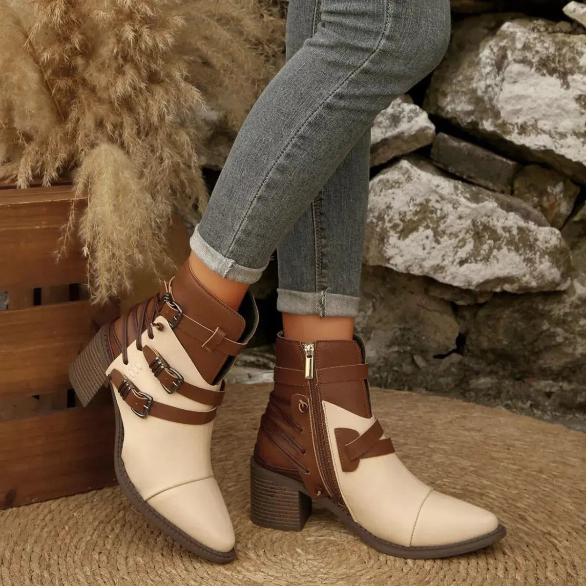 Point Toe Buckle Strap Ankle Boots with Block Heels  Style Ratio