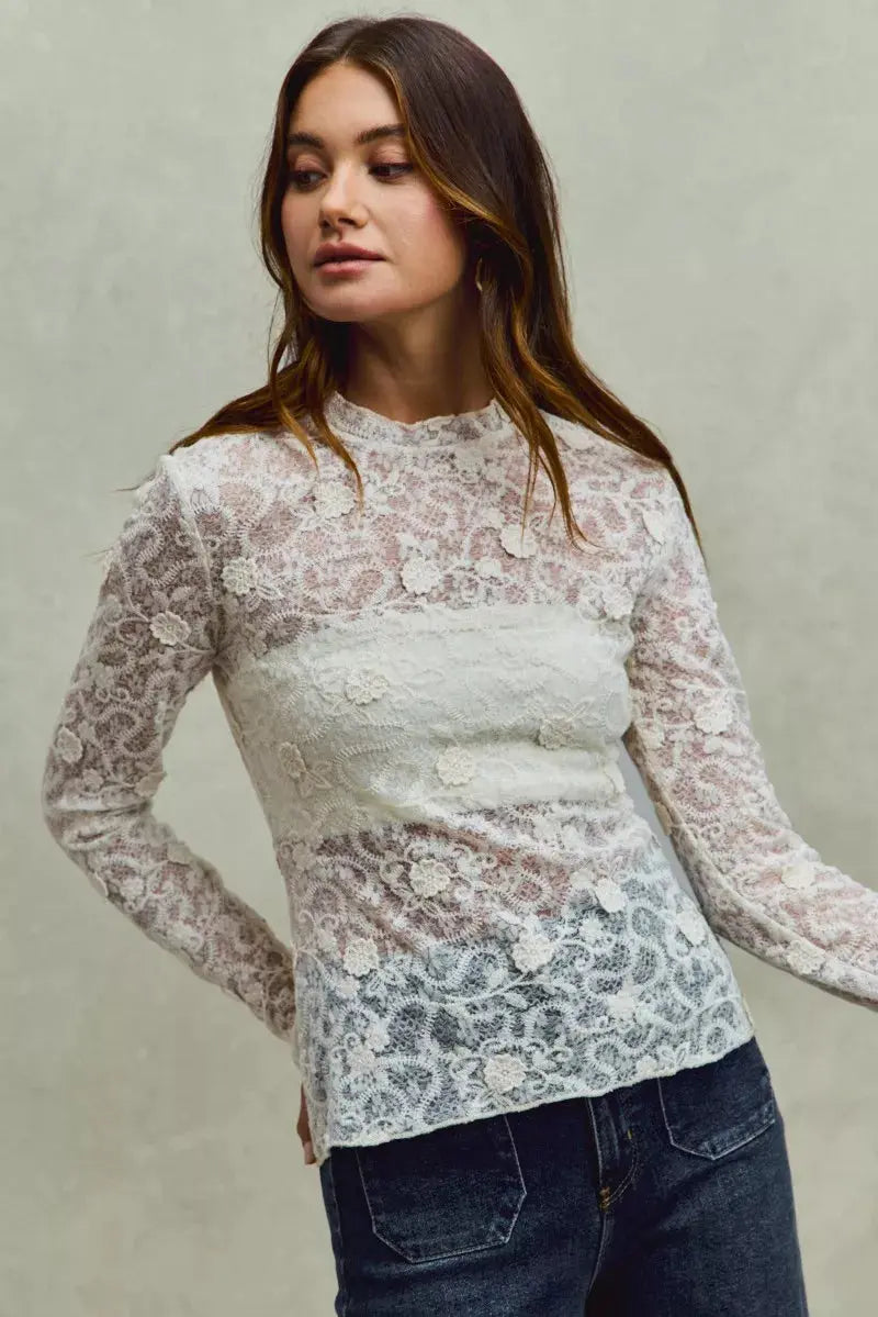 SO ME Lace 3d Effect Floral Layering Long Sleeve Top  Style Ratio