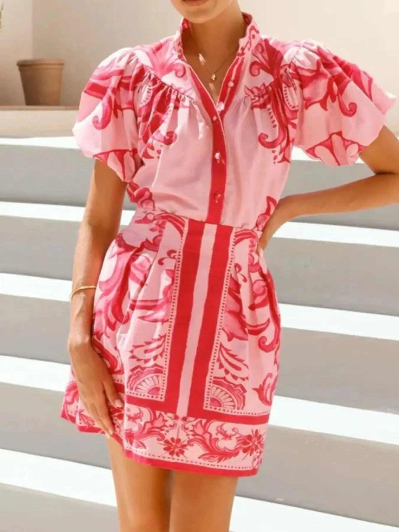 Printed Puff Sleeve Top and Skirt Set  Style Ratio