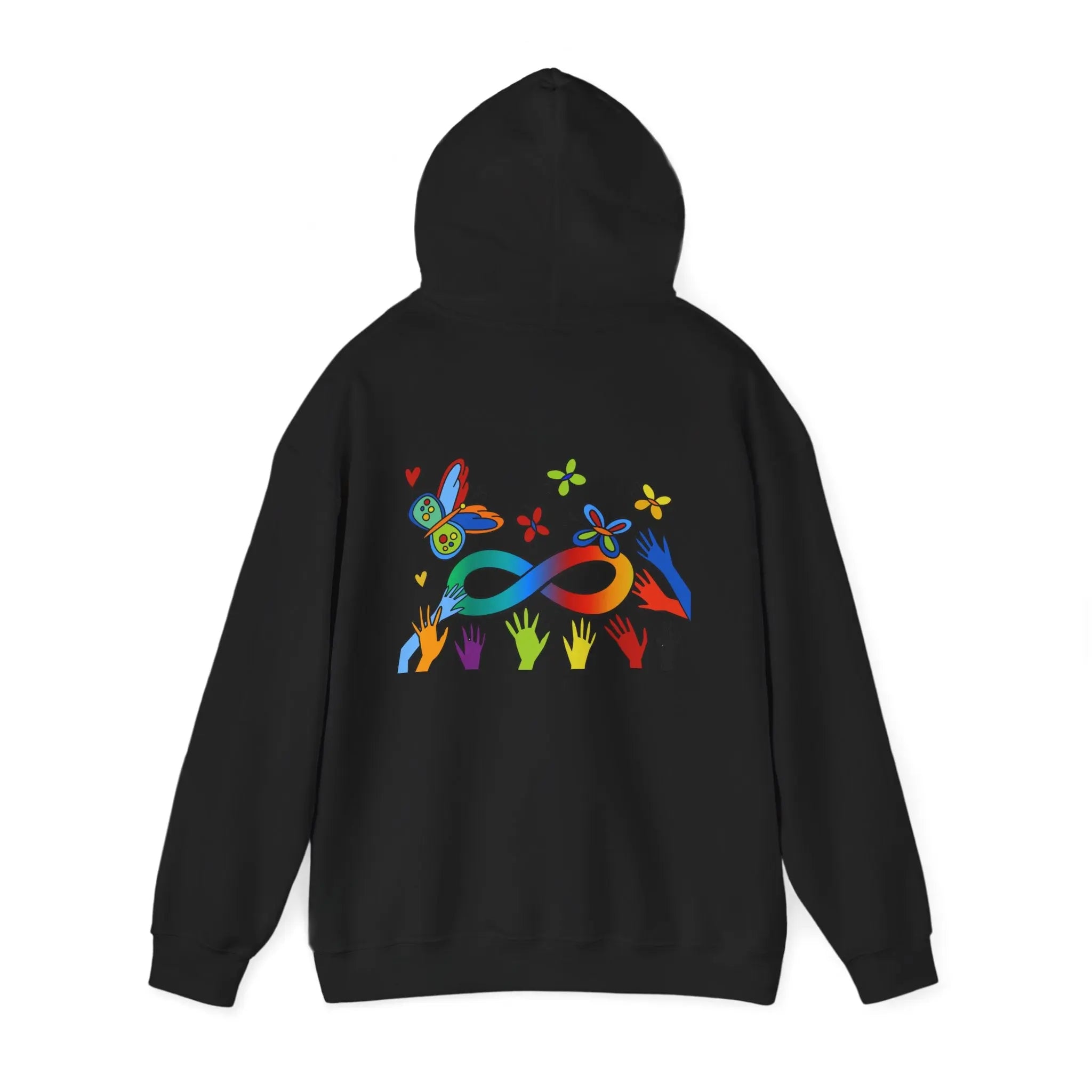 Neurospicy: Colorful Hands w/Words & Butterflies Design Hoodie  Style Ratio