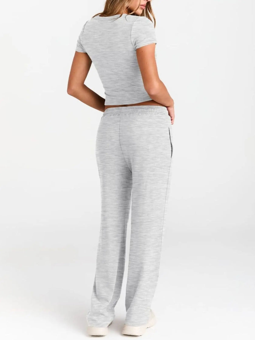 Round Neck Short Sleeve Shirt and Pants Loungewear  Style Ratio