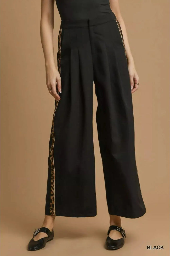 Umgee Front Pleated Wide Leg Pants with Contrast Trim  Style Ratio