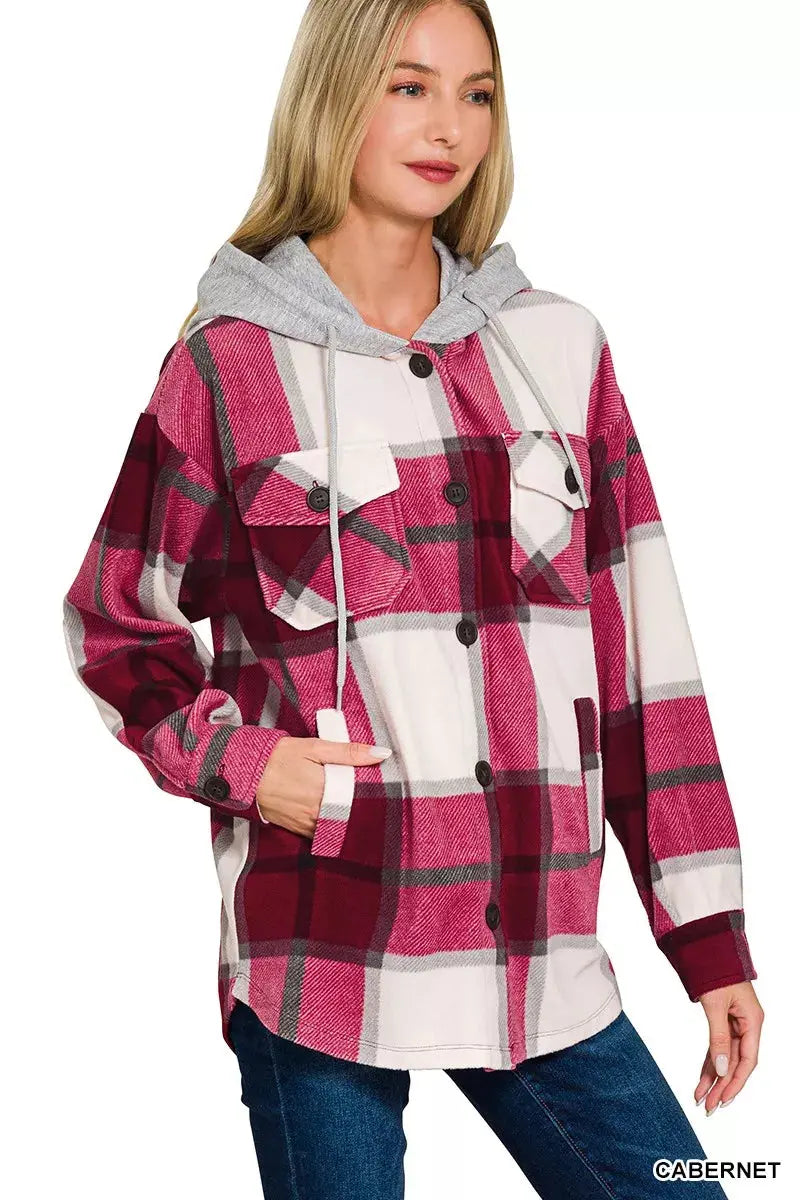 Zenana Plaid Drawstring Hooded Fleece Shacket  Style Ratio