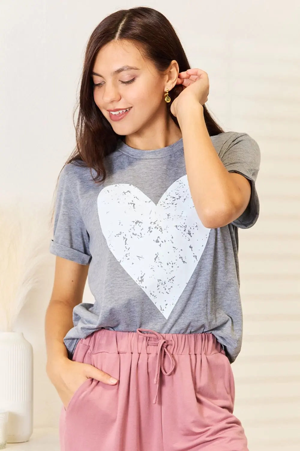 Simply Love Heart Graphic Cuffed Short Sleeve Shirt  Style Ratio