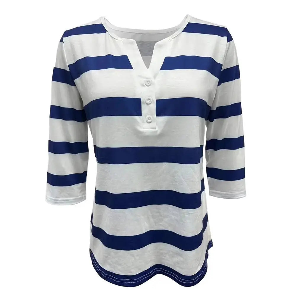 Stripe V Neck Buttoned Casual Shirt - Style Ratio