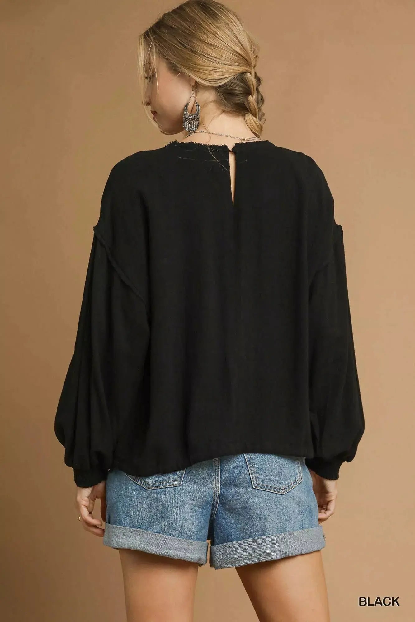 Umgee Full Size Linen Long Sleeve Top with Drawstring  Style Ratio