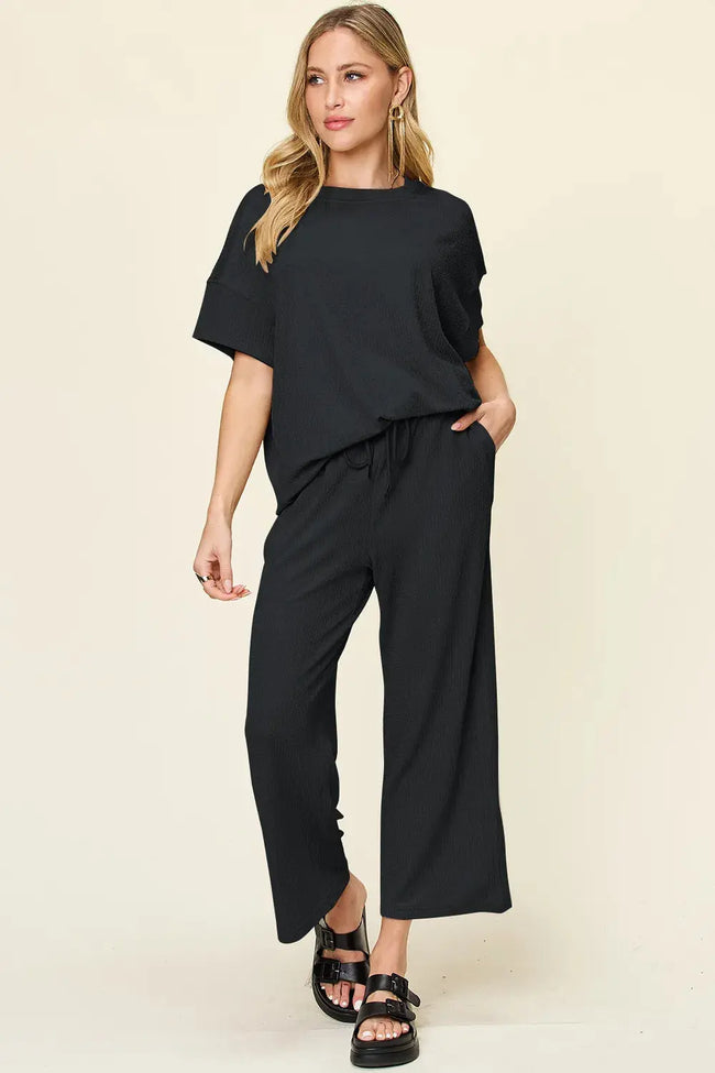Double Take Texture Round Neck Short Sleeve Shirt and Wide Leg Pants  Style Ratio
