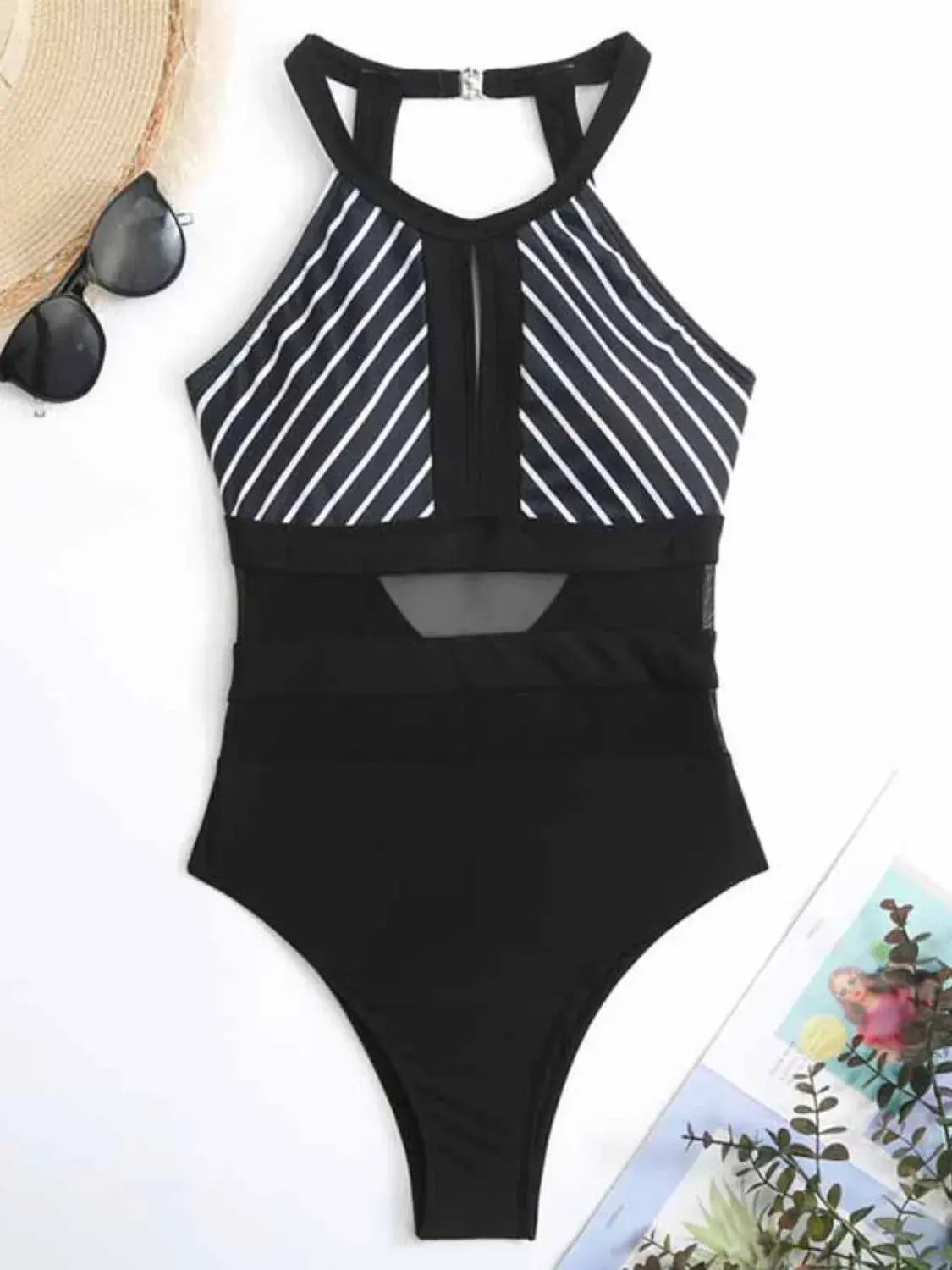 Mesh Detail Backless Striped One-Piece Swimsuit  Style Ratio