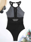 Mesh Detail Backless Striped One-Piece Swimsuit  Style Ratio