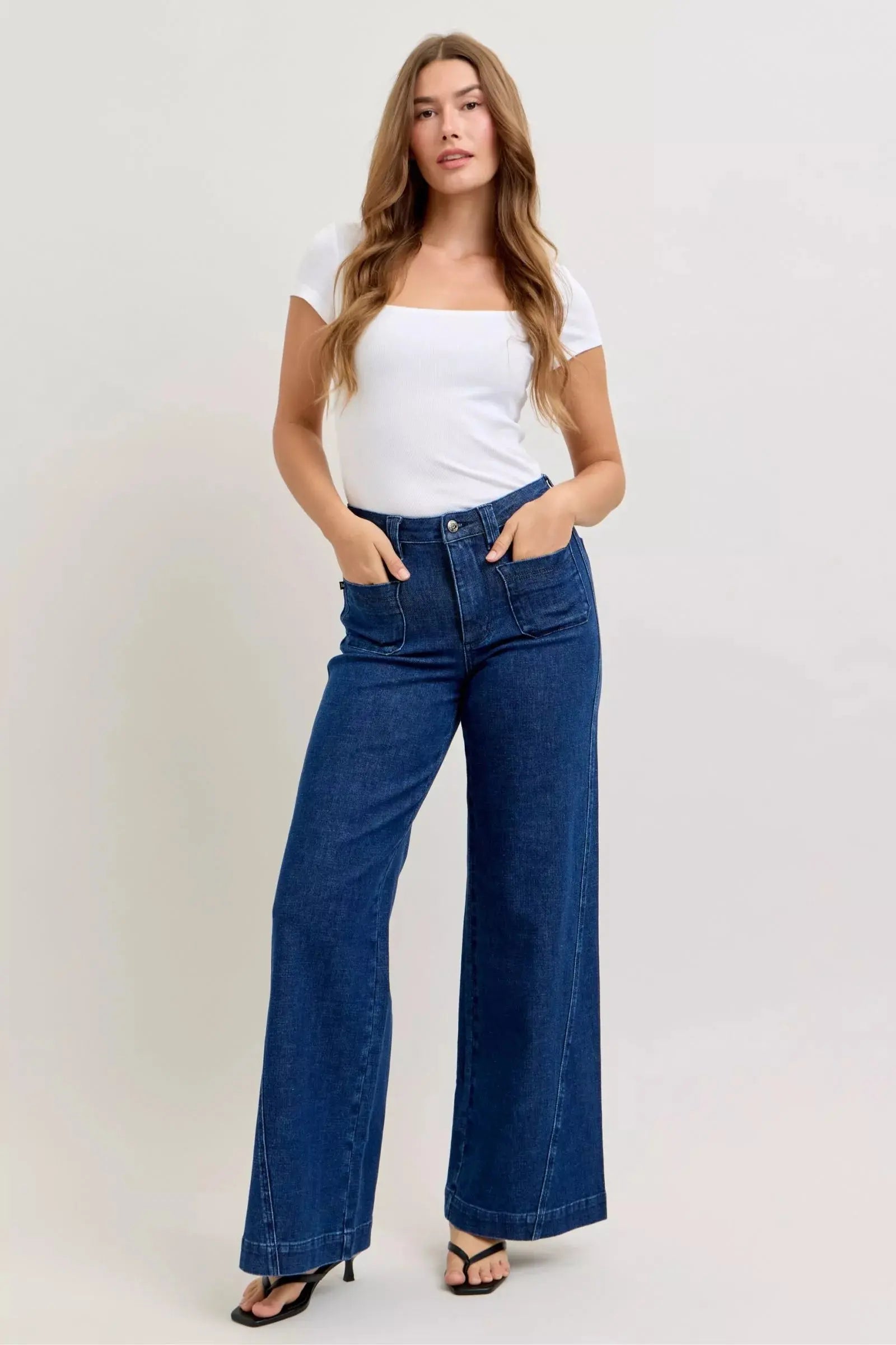 Judy Blue High-Waisted Retro Wide Jeans with Patch Pkts & Twisted Seams  Style Ratio