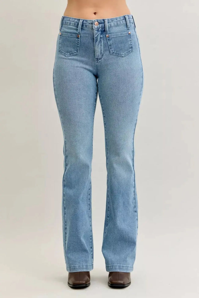 Judy Blue Full Size Mid Rise Bootcut Jeans with Contrast Wash & Front Patch Pockets  Style Ratio