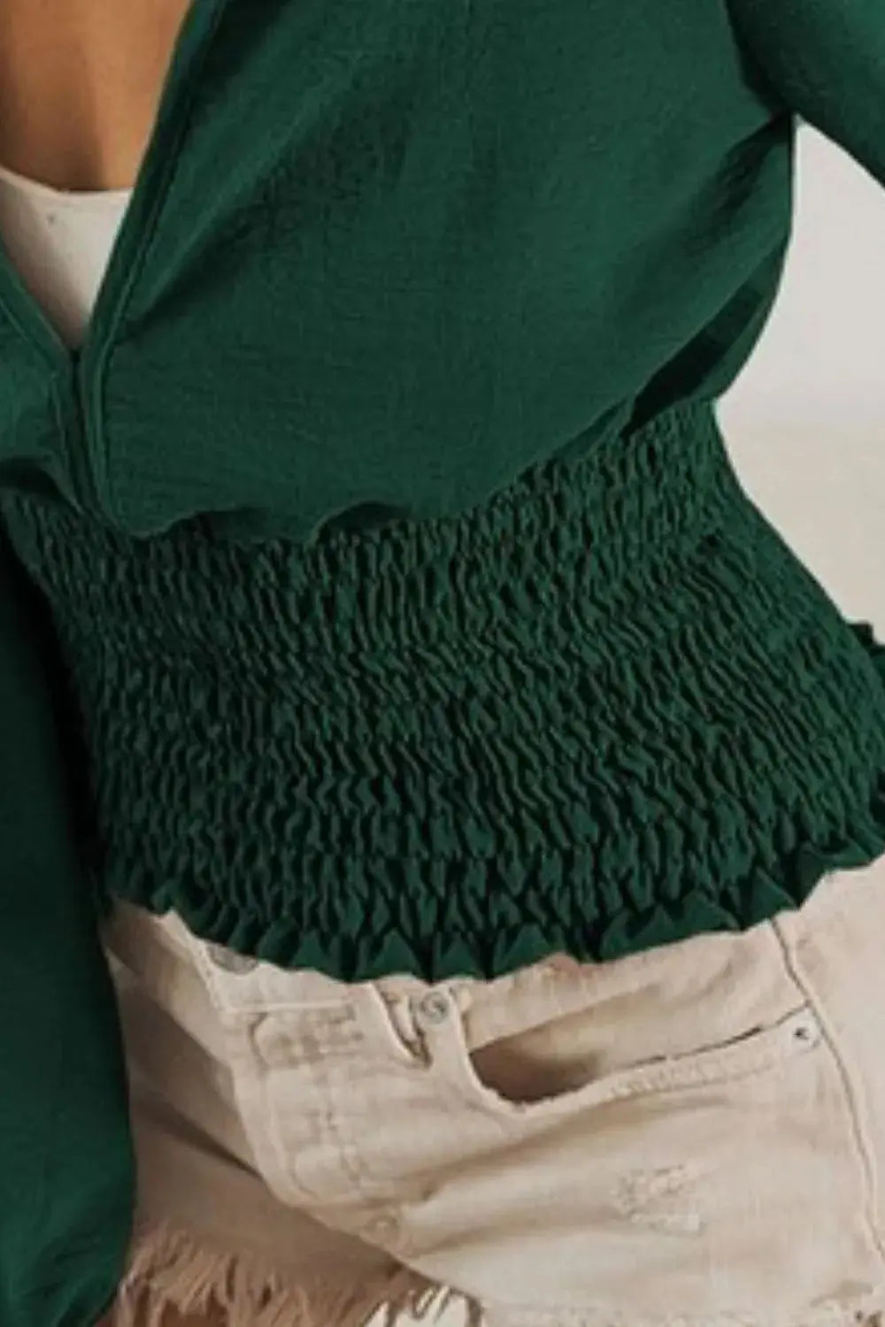 BiBi Smocking Waist Band and Puff Sleeves Deep V Neck Blouse  Style Ratio