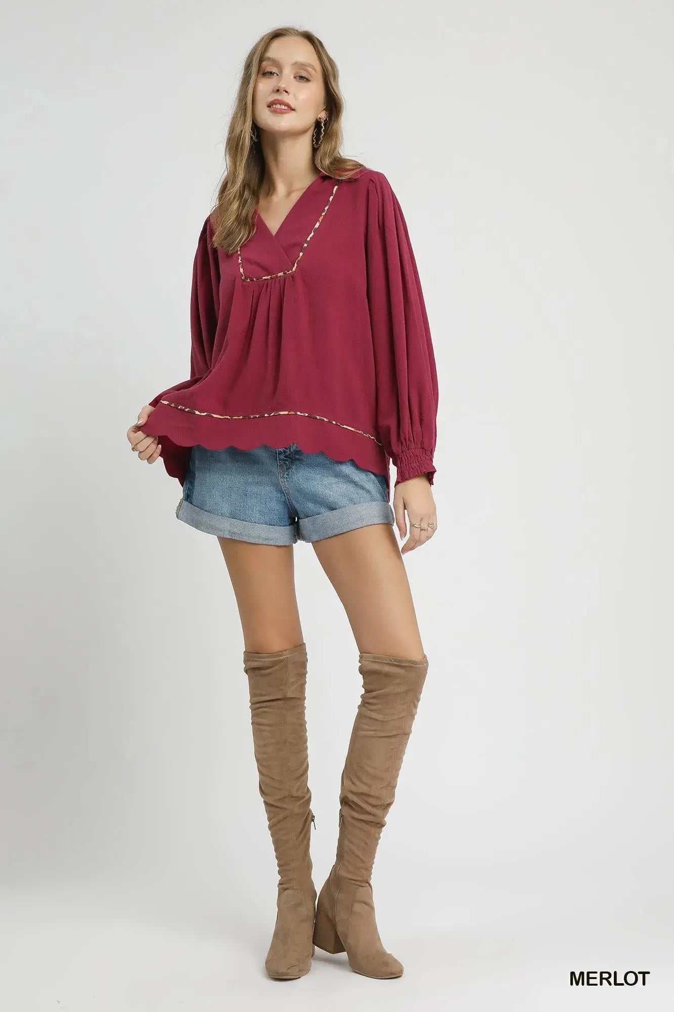 Umgee Full Size Linen Scallop Hem Blouse with Contrast Trim  Style Ratio