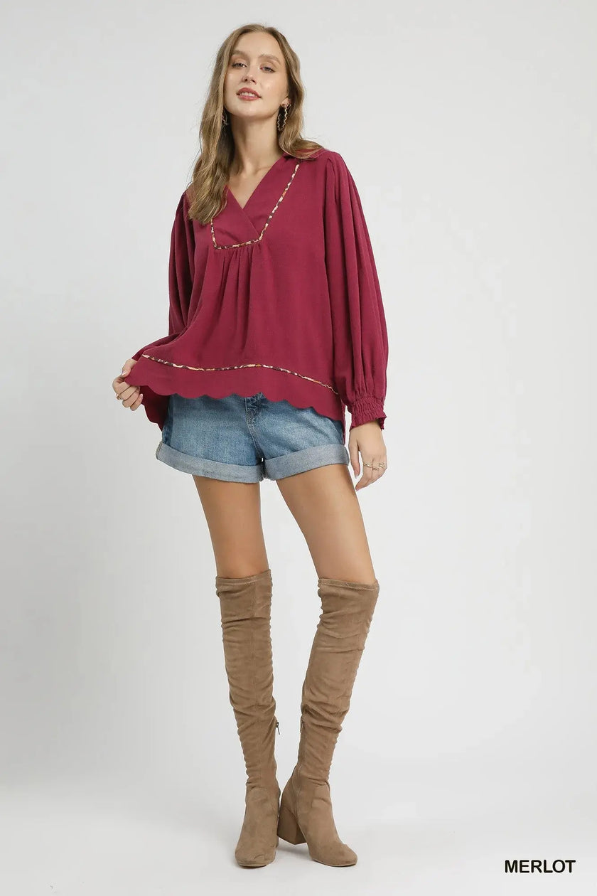 Umgee Full Size Linen Scallop Hem Blouse with Contrast Trim  Style Ratio