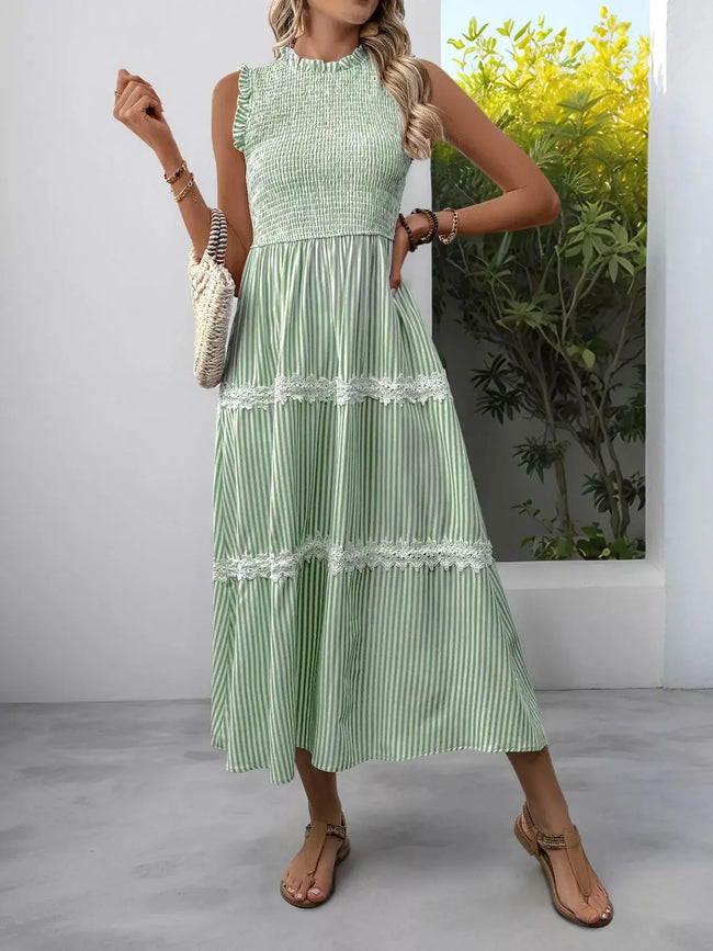 Smocked Striped Lace Trim Sleeveless Midi Dress  Style Ratio