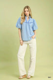 Umgee Puff Sleeve Eyelet Mix Top with Contrast Piping  Style Ratio