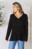 Double Take Half Button Long Sleeve Ruffle Hem Blouse  Style Ratio