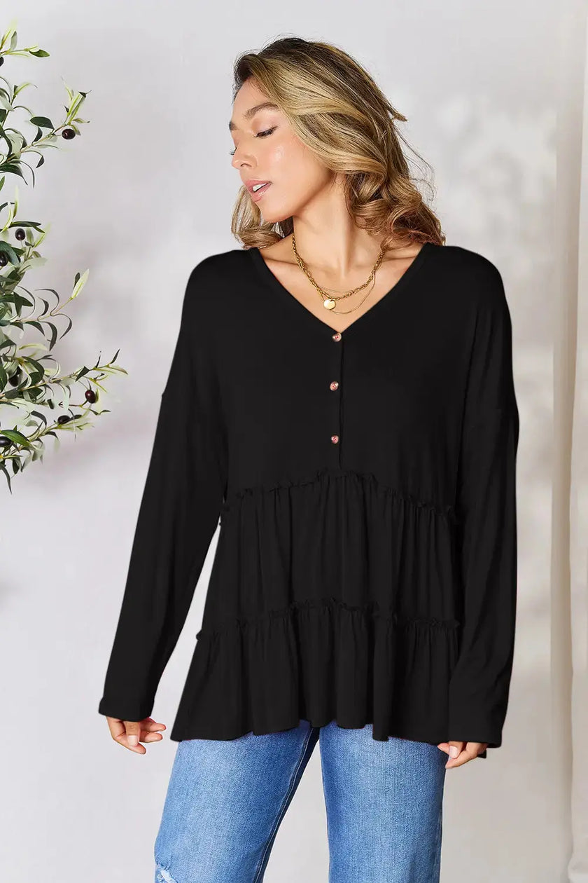 Double Take Half Button Long Sleeve Ruffle Hem Blouse  Style Ratio