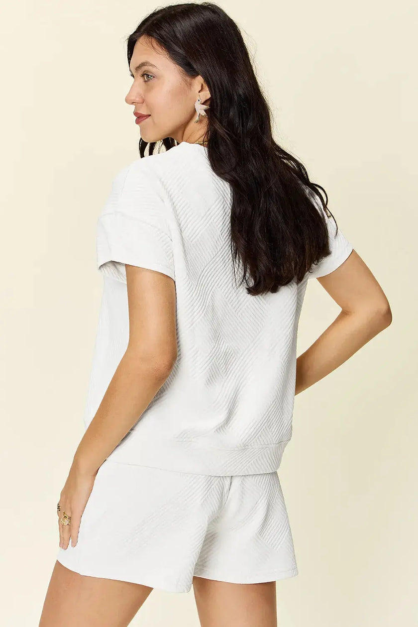 Double Take Full Size Texture Short Sleeve T-Shirt and Drawstring Shorts Set  Style Ratio